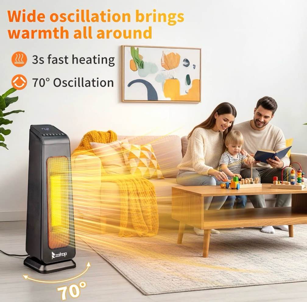 Condition photo showing New/Like New for Ktaxon Space Heater Indoor,23" Portable Electric Heater with 3 Heat Settings, 70° Oscillation, Timer, Remote Control, Tip-Over Switch,Quiet Portable Heater for Office, Bedroom, Large Room,Black