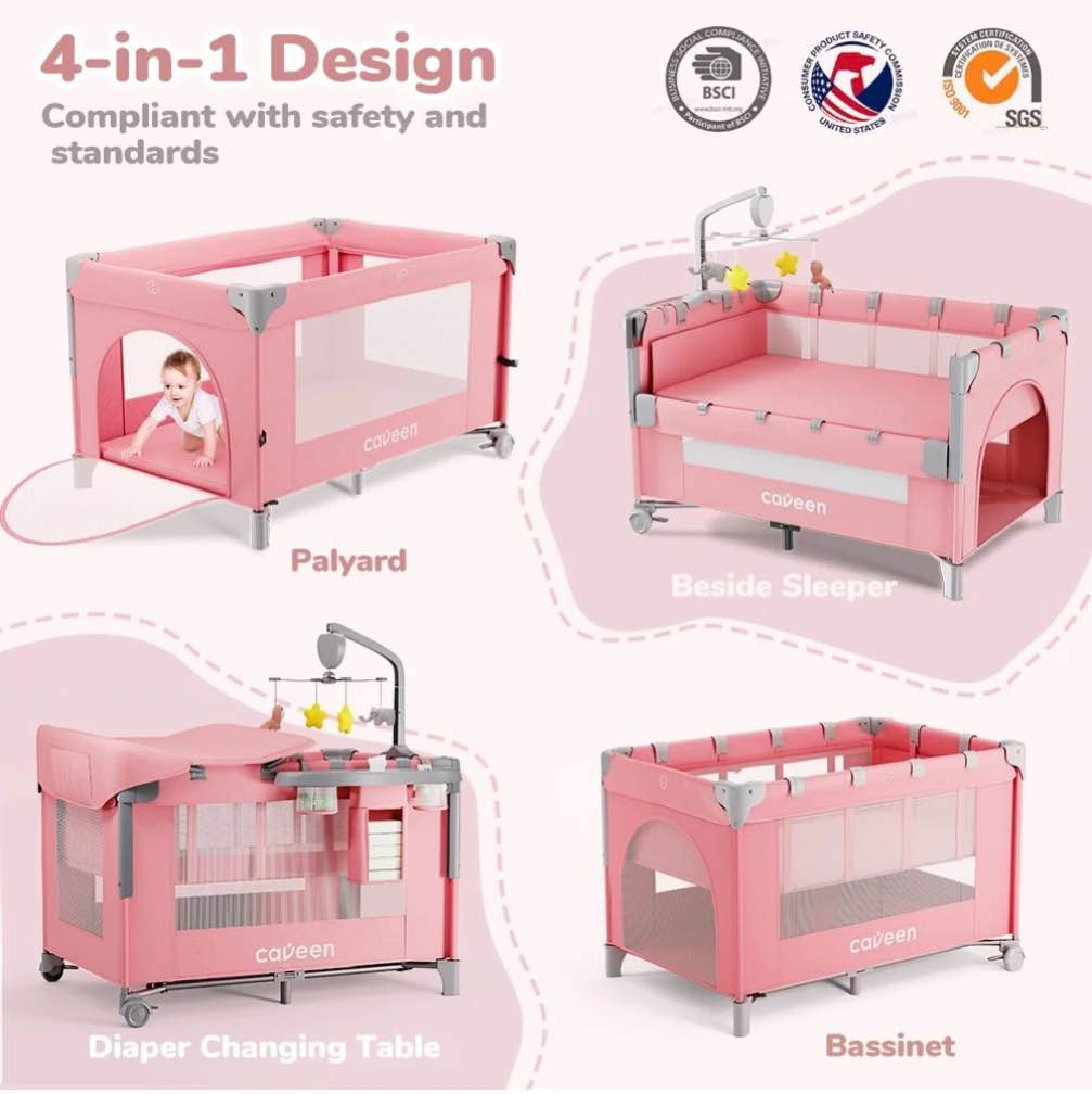 Condition photo showing New/Like New for Baby Bassinet, Caveen 5 in 1 Baby Playard with Bassinet, Portable Bedside Sleeper Baby Crib, with Removable Changing Station & Storage Organizer, Pink