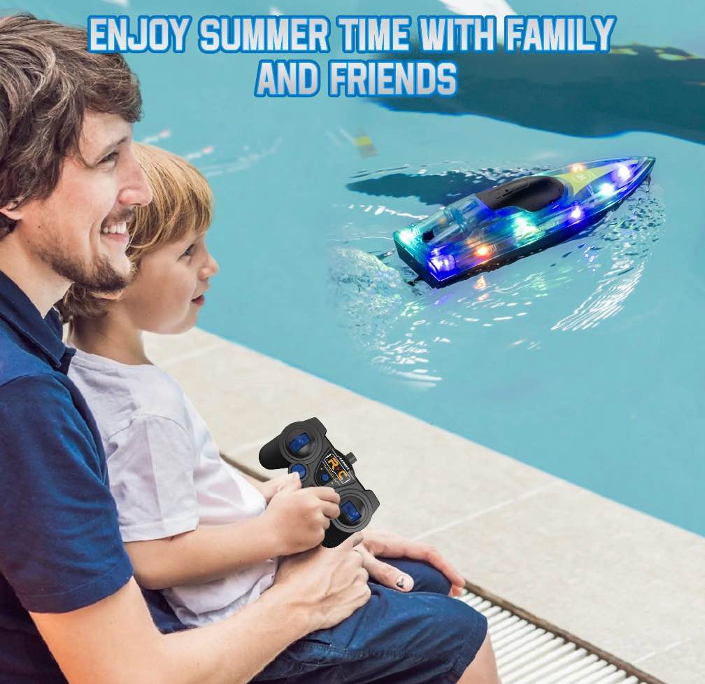 Wisairt 15Km/h Remote Control Boat with LED Lights for Pools/Lakes, 2.4GHz High Speed RC Boat with 2 Rechargeable Batteries, Perfect Summer Water Toys for Ages 10+ (Blue)