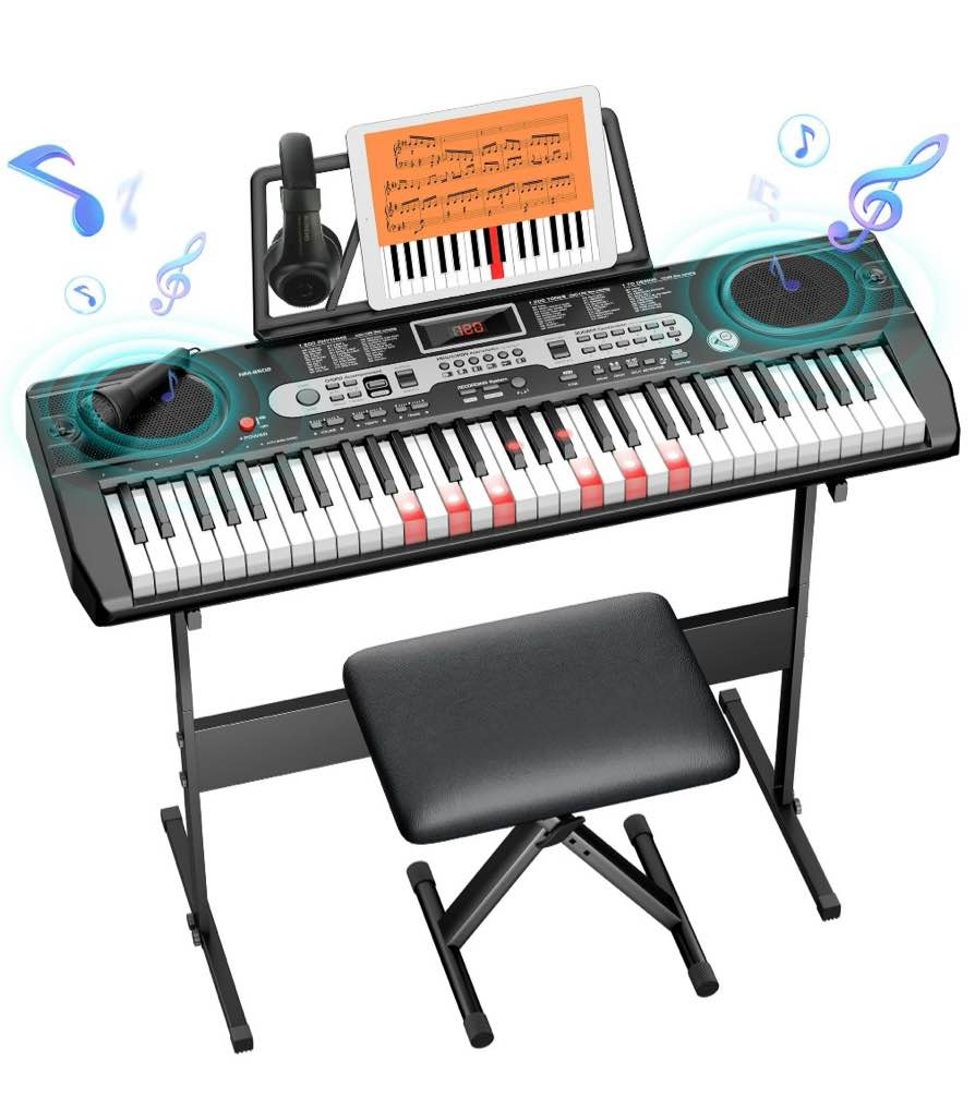 Furnibear 61-Key Piano Keyboard with Lighted Keys  Stand  Bench  Microphone  Headphone  Electronic Keyboard Piano Set  Black