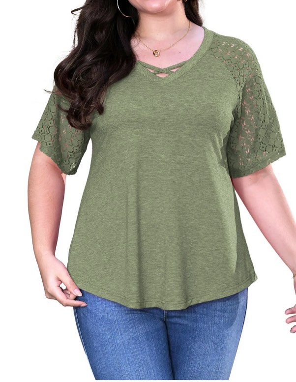 Condition photo showing New/Like New for Sewify Women s Plus Size Tops Short Sleeve Lace Jacquard Spliced Loose Fit Tunic Shirts Cross Rope V Neck Blouses 2X