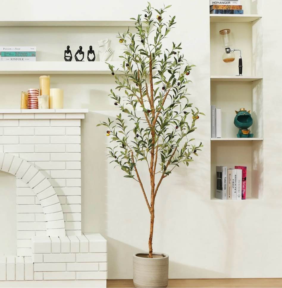6 ft Artificial Olive Plants with Realistic Leaves and Natural Trunk, Silk Fake Olive Tree in Black Plastic Pot, Faux Olive Tree for Office Home