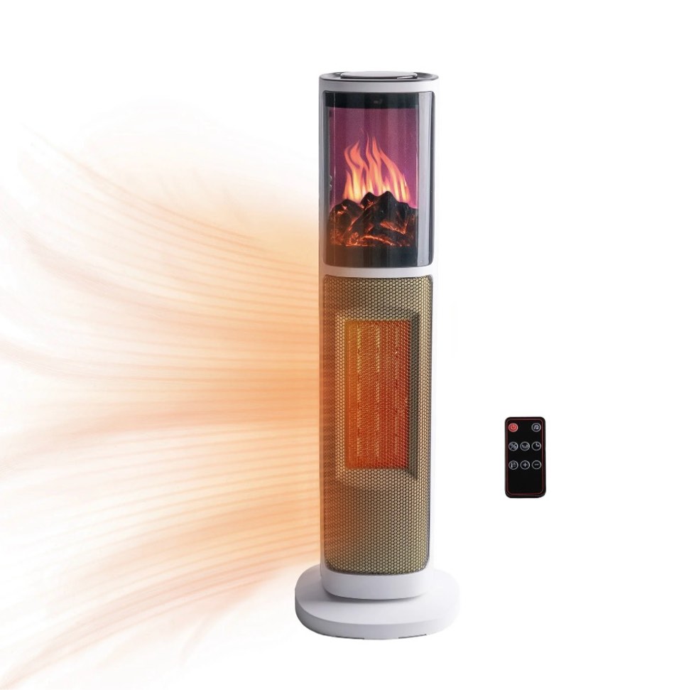 Comfort Zone 25 Oscillating Tower Space Heater with 3D Flame and Remote Control 75 Degree Oscillation 8 Hour Timer Overheat Protection Tip-Over Switch For Home & Office 1 500W MT2075L
