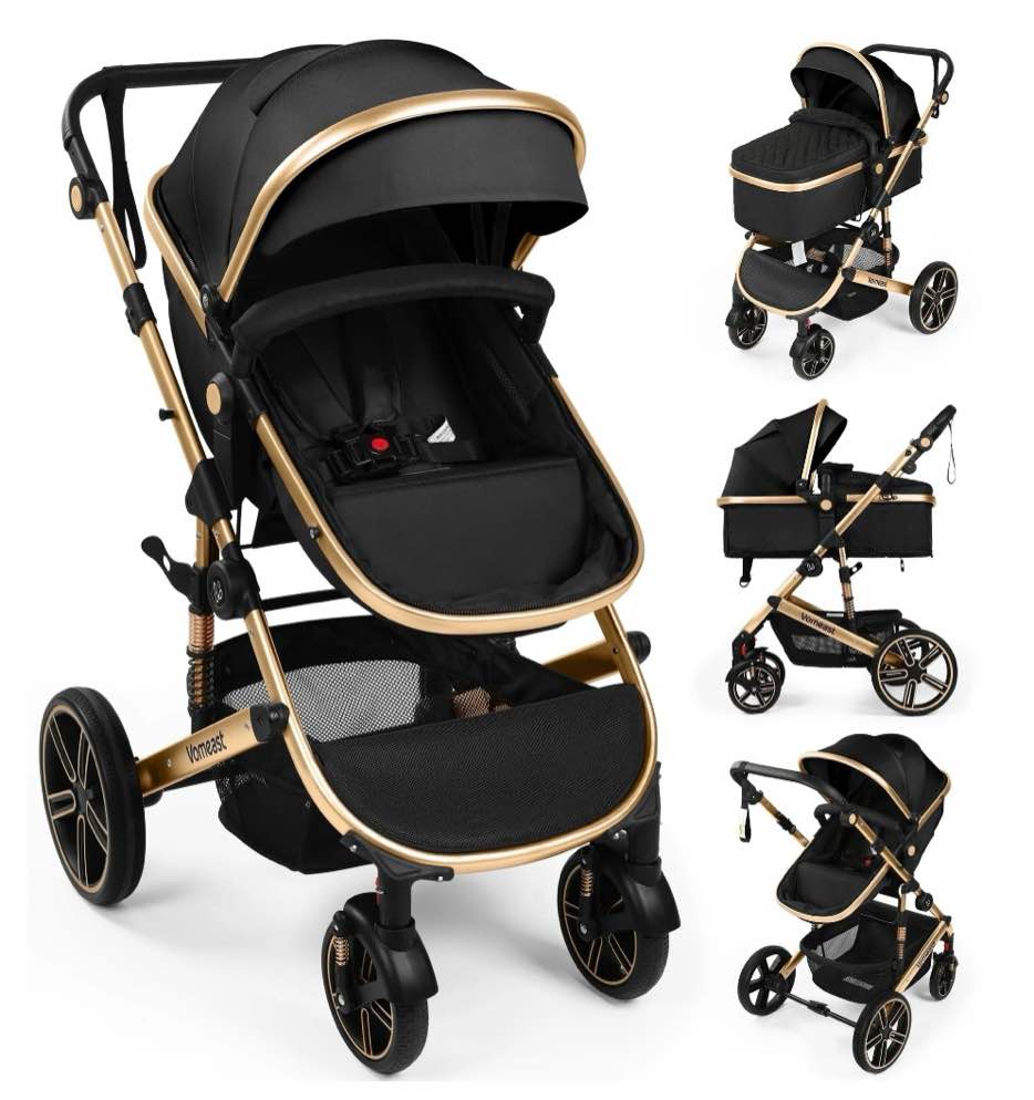 Vomeast Baby Stroller, Foldable Aluminum Alloy Stroller with Reversible, Travel Stroller for Newborn Infant, Black