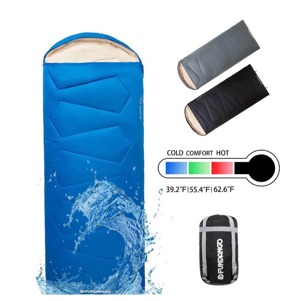 FUNDANGO Compact Boys Camping Sleeping Bags for Adults 200cm*90cm Blue Waterproof  Sleeping Bags with Compression Sack Adult Camping Gear for Hiking, Backpacking, 39.2°F-62.6°F, 2.5lbs, Blue