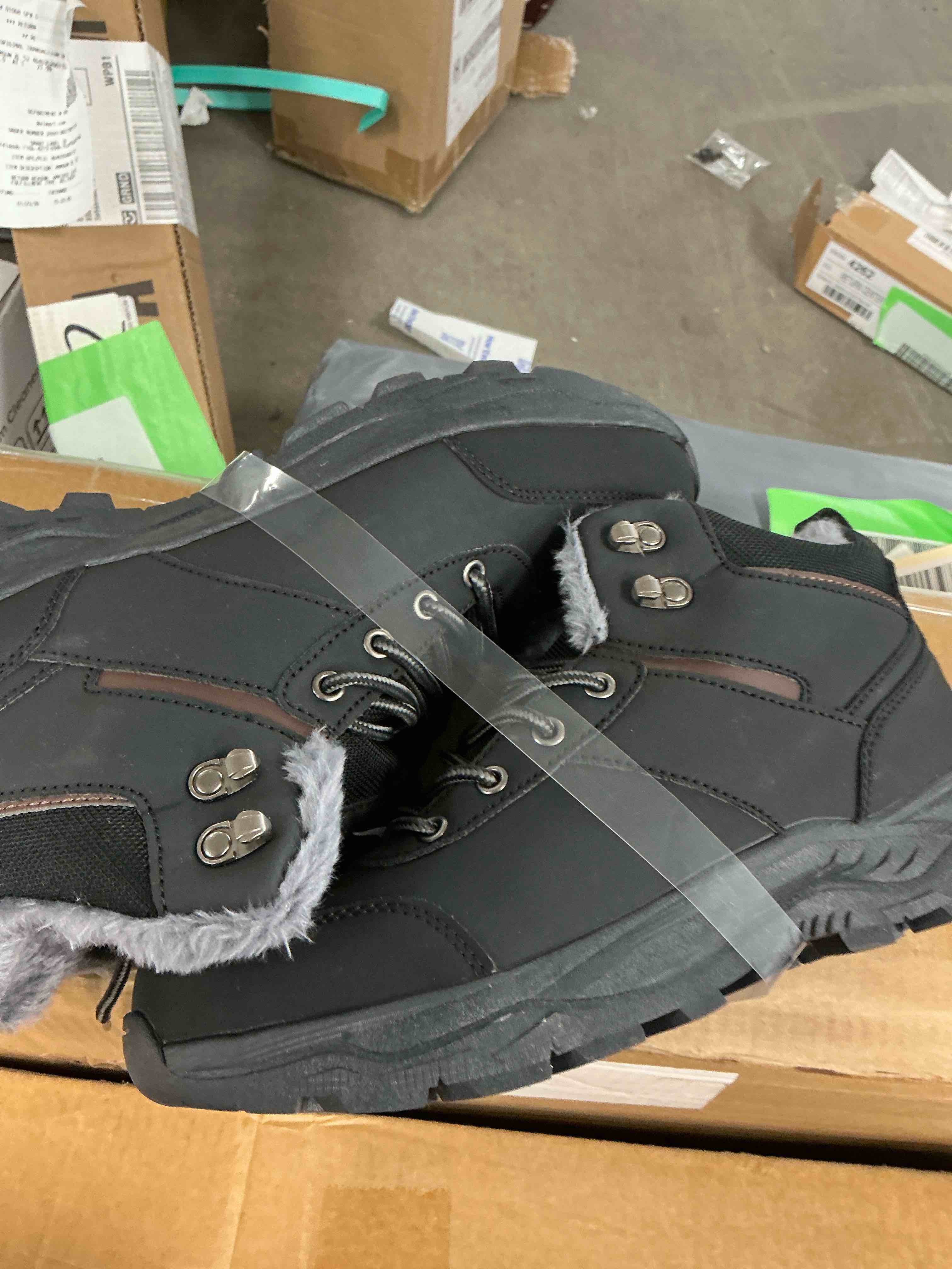 Condition photo showing New/Like New for MeMoride Mens Snow Boots Waterproof Warm Faux Fur Lined Ankle Booties Non-slip Winter Hiking Boots for Men Size 12.5