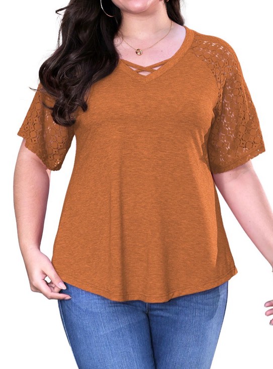 Condition photo showing New/Like New for Sewify Women s Plus Size Tops Short Sleeve Lace Jacquard Spliced Loose Fit Tunic Shirts Cross Rope V Neck Blouses 2XL