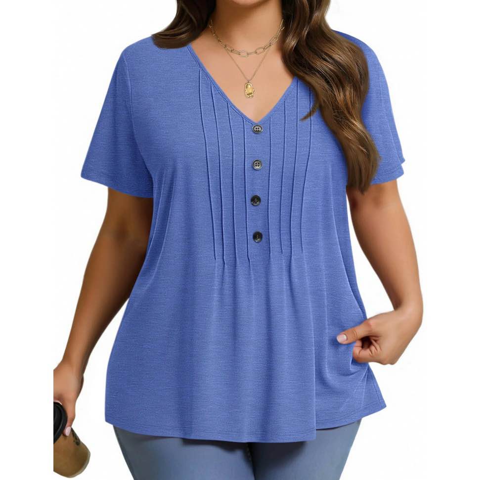 Condition photo showing New/Like New for Fantaslook Plus Size Blouses for Women Pleated Button Short Sleeve Shirts Casual V Neck Tunic Tops Size 2XL