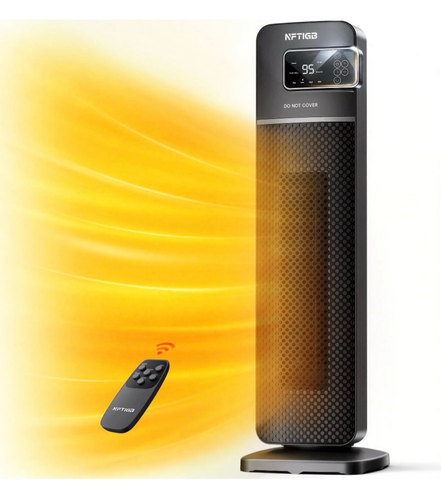 NFTIGB 24" Tower Heater, 1500W PTC Ceramic Electric Space Heater with Digital Thermostat, Remote, 70° Oscillation, ECO Mode and Safety Tip-Over Protection, Gray