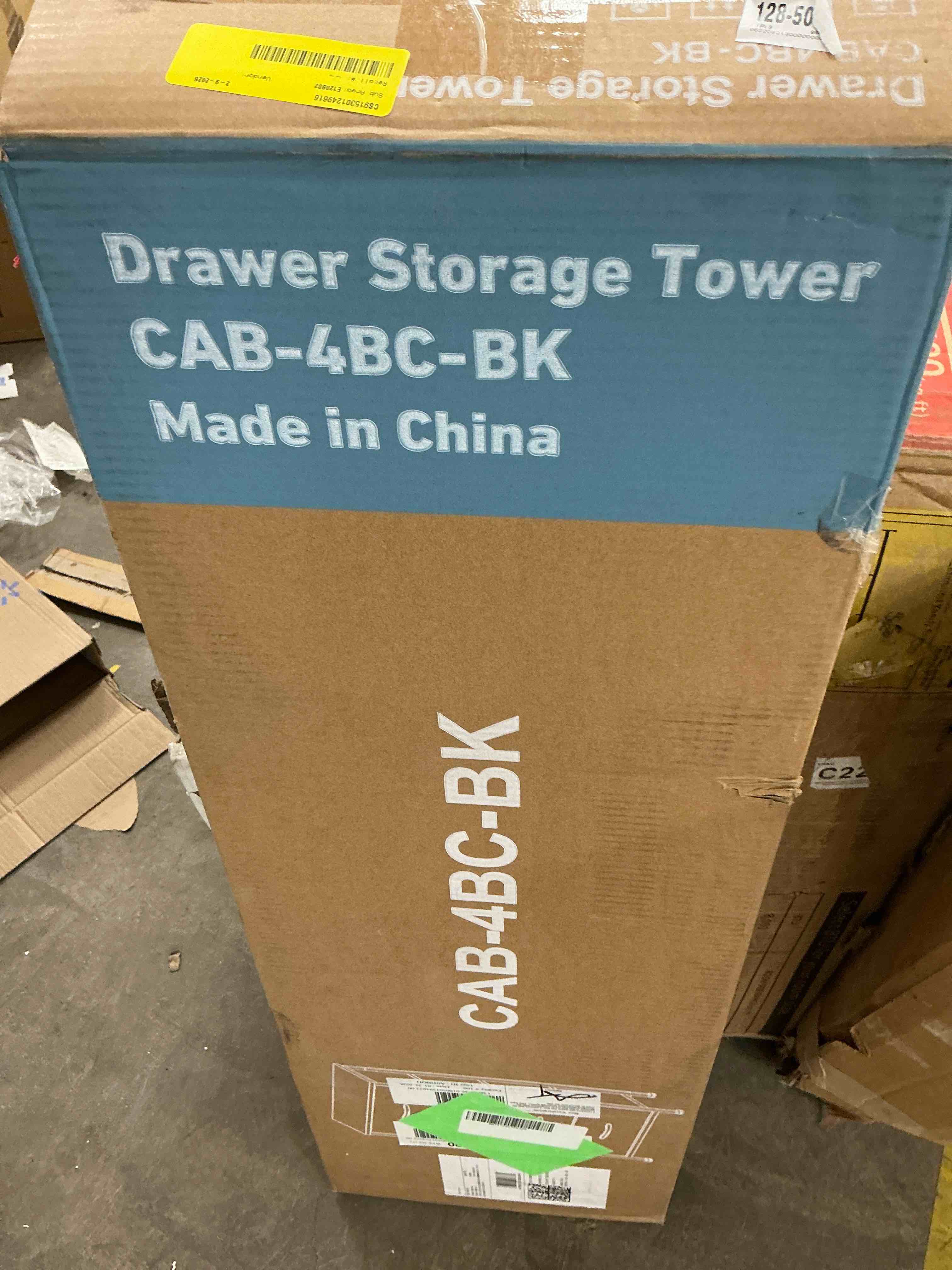 Condition photo showing New/Like New for CONCETTA 4 Drawer Dresser, Wide Chest Drawers Nightstand Storage Tower Storage Fabric Dresser With Wood Top for Living Room, Bedroom, Closet, Black