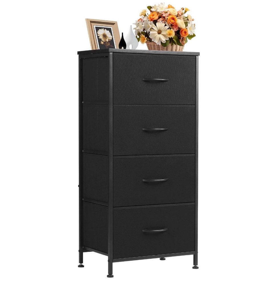 CONCETTA 4 Drawer Dresser, Wide Chest Drawers Nightstand Storage Tower Storage Fabric Dresser With Wood Top for Living Room, Bedroom, Closet, Black