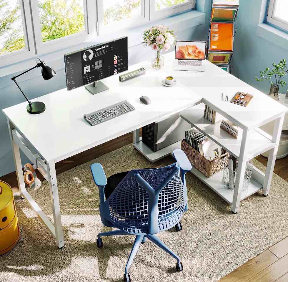 Casacomoda L Shaped Computer Desk with Power Outlet Shelves, 48 Inch Big Reversible Corner Desk for Small Space Home Office, L-Shaped Desk PC Desks, White