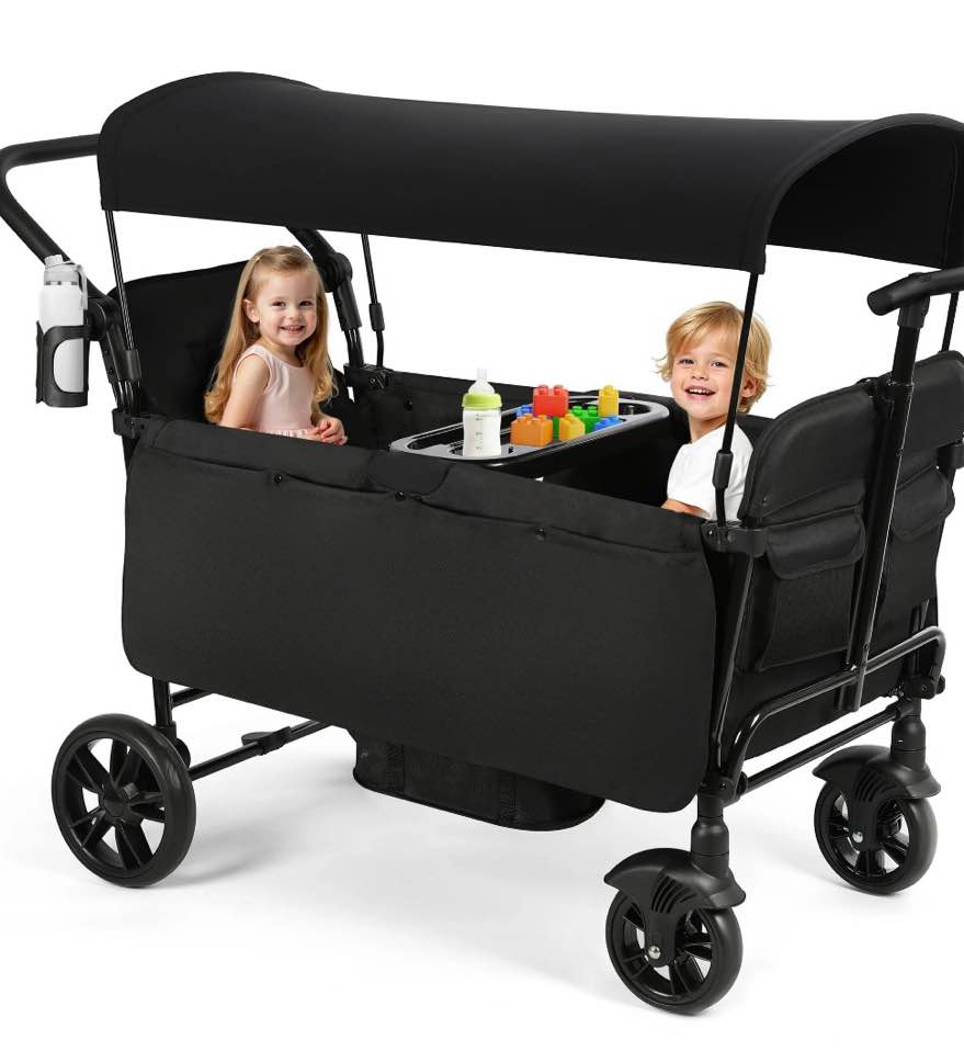 Vomeast Wagon Stroller for Kids, Spacious 2-Seater Stroller Wagon with Adjustable Canopy, Pull & Push Handle, 5-Point Harness, Foldable for Toddlers, Black