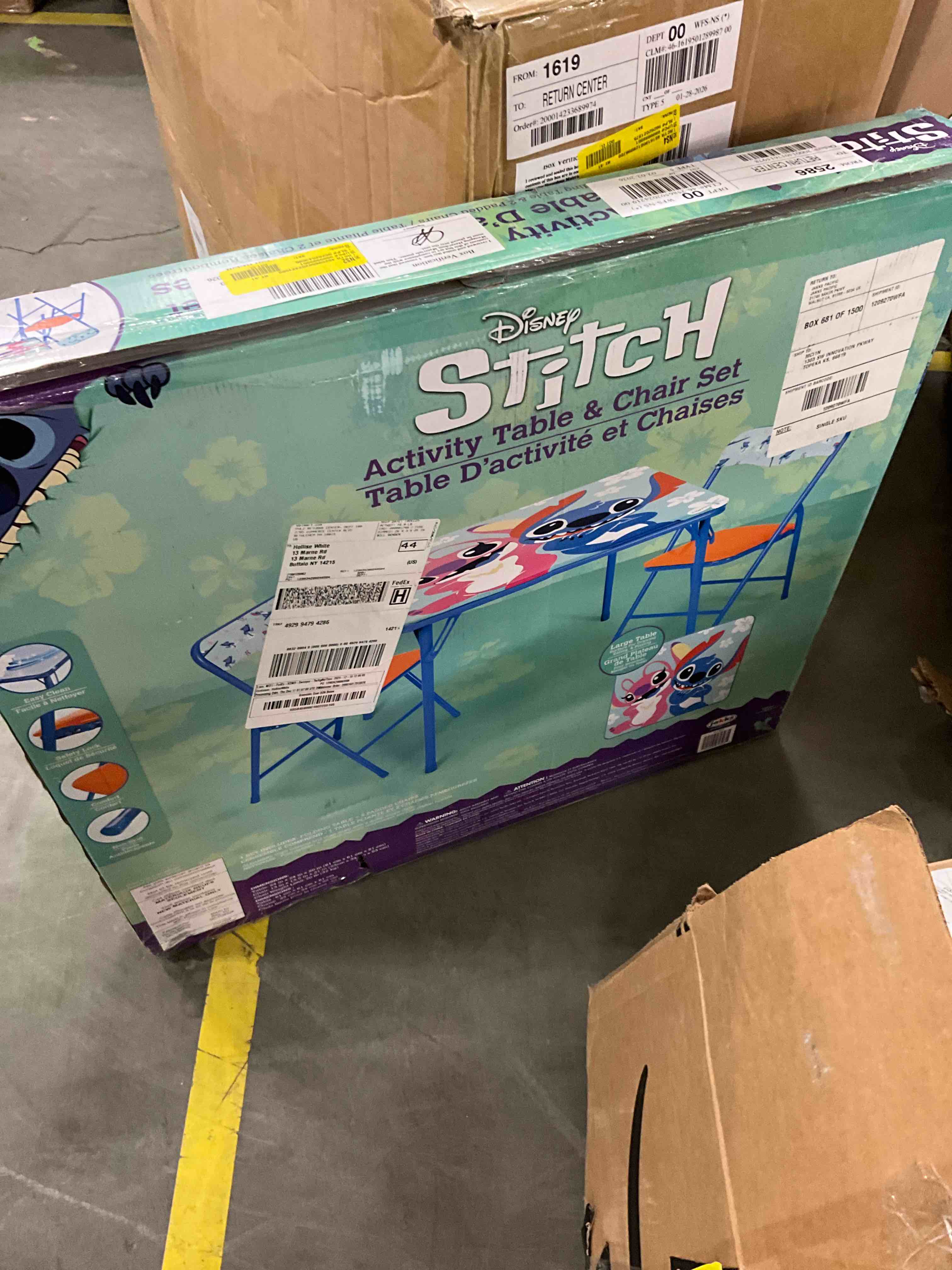 Condition photo showing New/Like New for JAKKS Pacific Stitch Kids Table & Chairs Set for Kid and Toddler 36 Months Up to 7 Years, Includes: 1 Table (24" L x 24" W x 20" H), 2 Chairs (13" L x 13.5" W x 21" H) Weight Limit: 70 lb