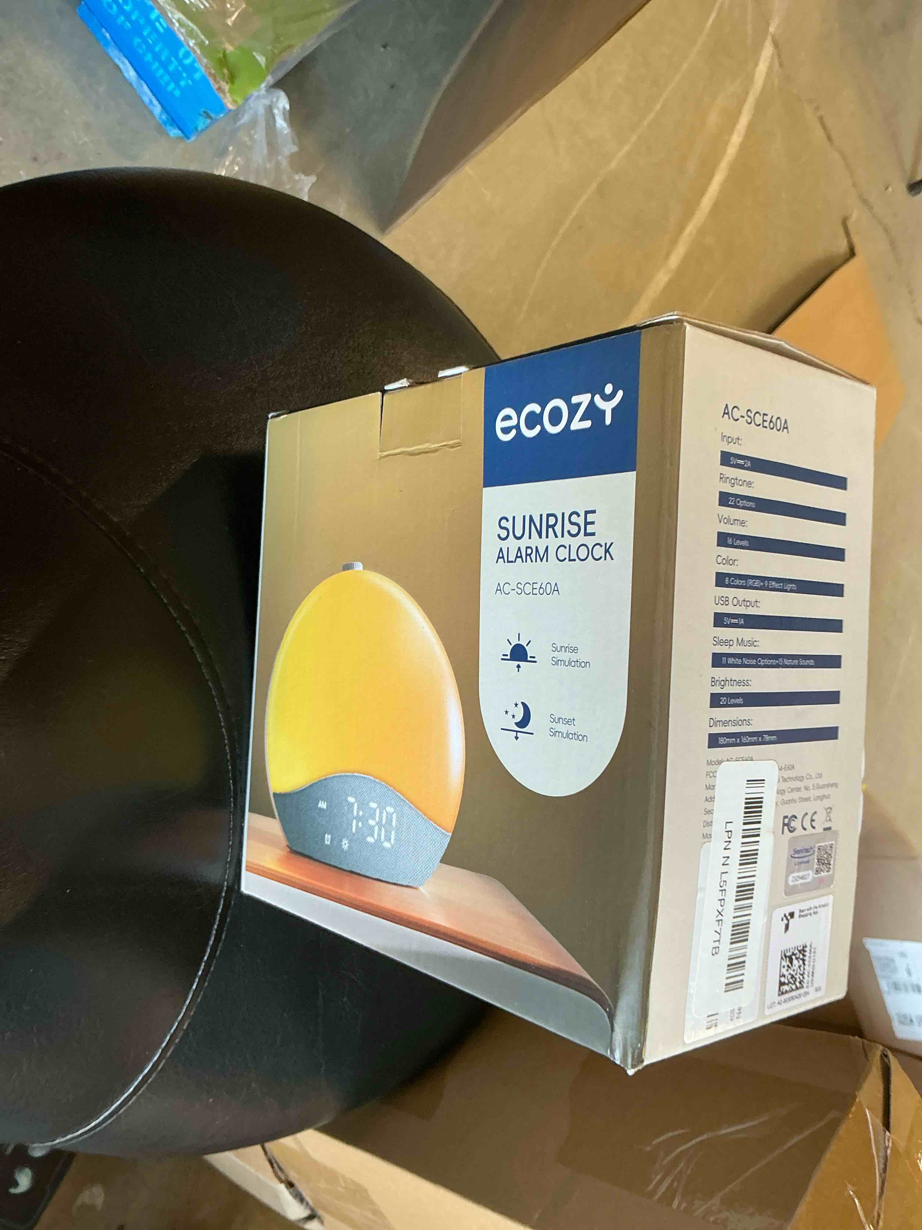 Condition photo showing Good Condition for ecozy Sunrise Alarm Clock, White Noise Sound Machine, Upgraded Backlit Buttons for Bedrooms, 26 Soothing Sounds, 17 Night Lights, Bluetooth Speaker, Wake Up Sunlight for Heavy Sleepers, Adults, Kids Grey & White