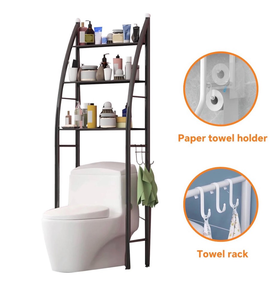 hioha 3-tier over toilet storage rack with toilet paper roll holder & 4 hooks, steel bathroom space saver organizer, black