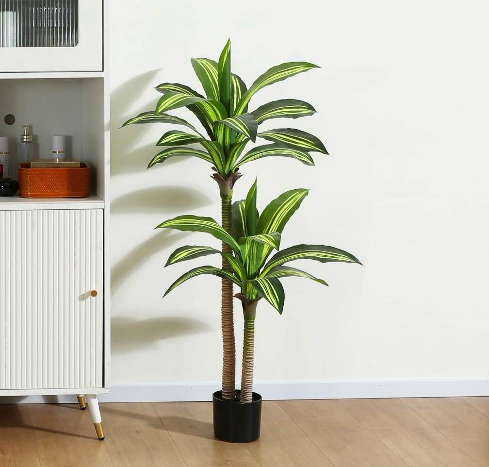 artificial plants, 4ft fake dracaena tree in black plastic pot, faux plants indoor outdoor decor, silk plants for home decor office porch patio perfect housewarming gift