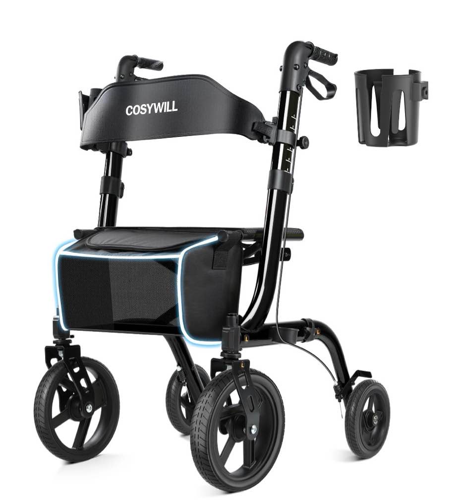 cosywill rollator walkers with seat for seniors, foldable 10" big wheels all terrain rolling walker,adjustable handles, mobility walker for seniors,black