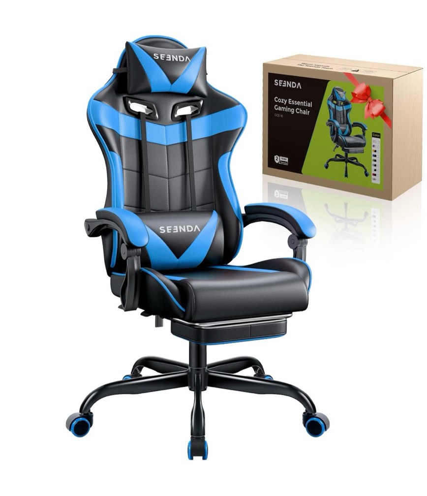 gaming chair, seenda video game chair with footrest and lumbar support, ergonomic computer chair height adjustable with swivel seat and headrest, blue