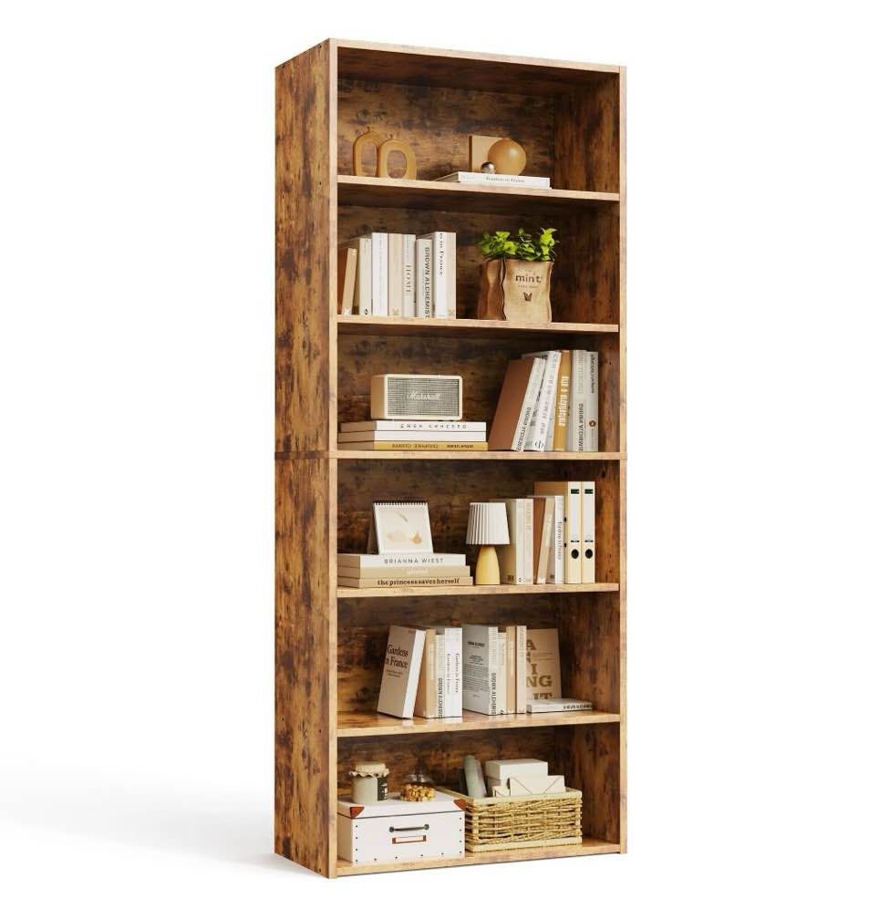 edx 6 tier bookcase storage, 63 inch large tall floor standing open bookshelf for home office, living room, and bedroom, rust