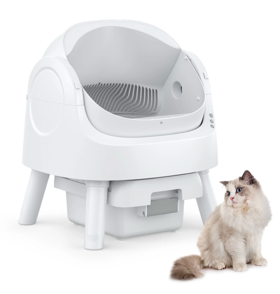 petpivot automatic cat litter box self-cleaning with safety protection, mat and trash bags included, white