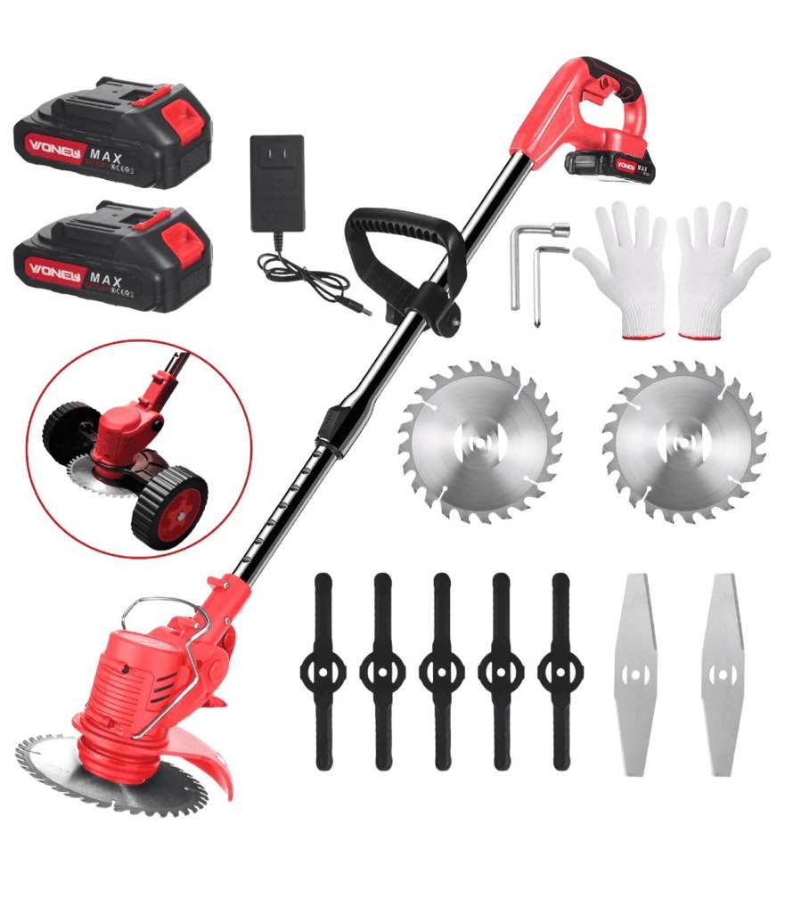 jllom electric weed eater, weed wacker 3 in 1 cordless push lawn trimmer with wheels weed eater tool with adjustable handle 3 function blades weed eater brush cutter for yard and garden (red)