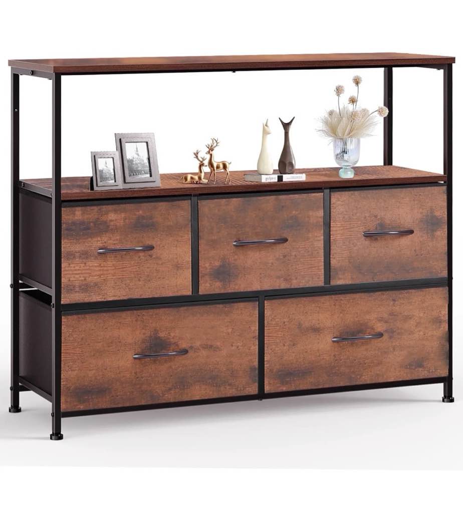 concetta dresser for bedroom tv stand with storage entertainment center dresser with 5 fabric drawers with open storage shelf for bedroom living room hallway, rust