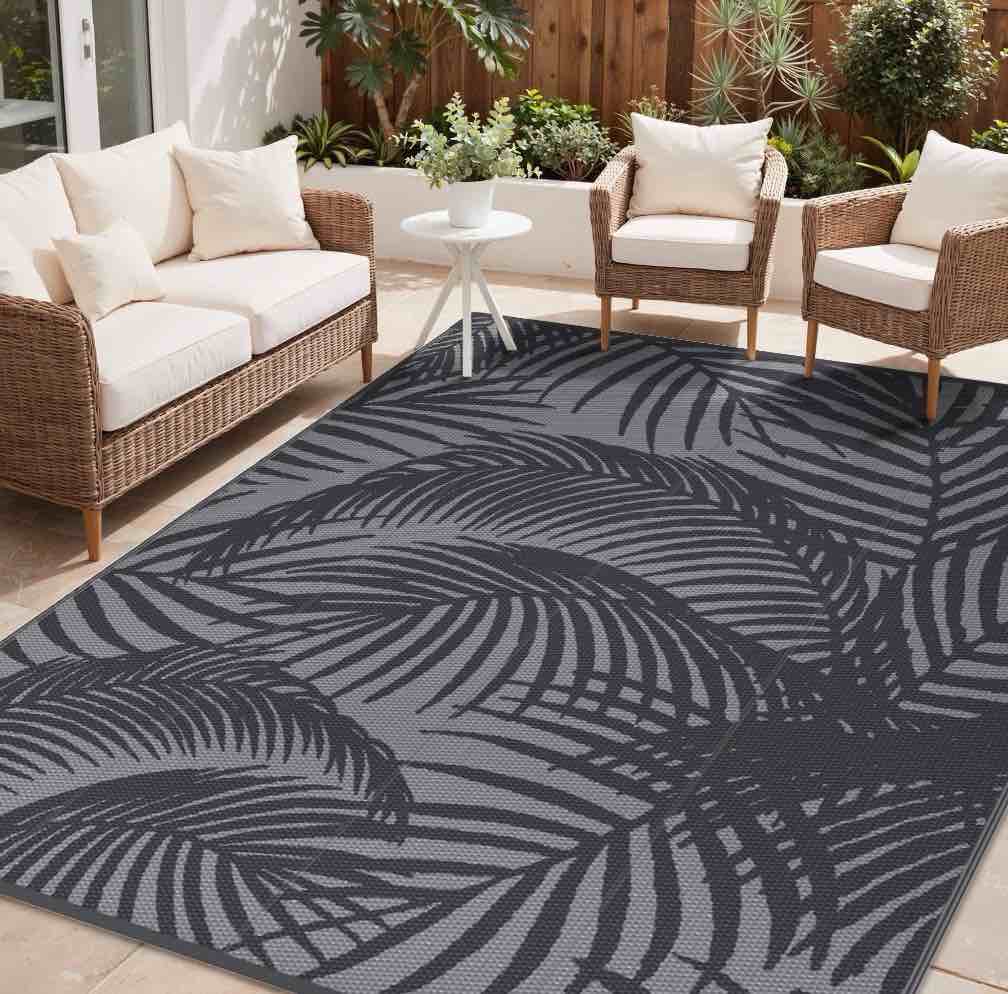 deorab 5'x8' outdoor rugs waterproof patio reversible plastic straw carpet camping outside mat for garden balcony camping porch, black & grey