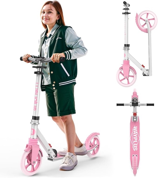 scooter for kids ages 8+ teens & adults, rear brake, and adjustable handlebars, big sturdy pu flash wheels great gift & toy  (pink )
