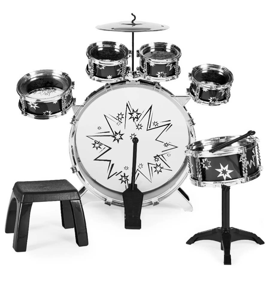 best choice products 11-piece kids starter drum set w/ bass drum, tom drums, snare, cymbal, stool, drumsticks - black