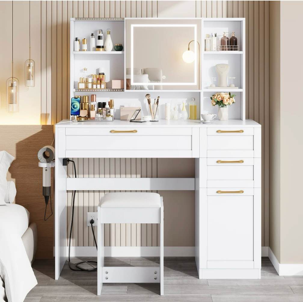 uhomepro vanity set with mirror, white makeup desk with charging station, makeup dressing table set for women, ladies gifts