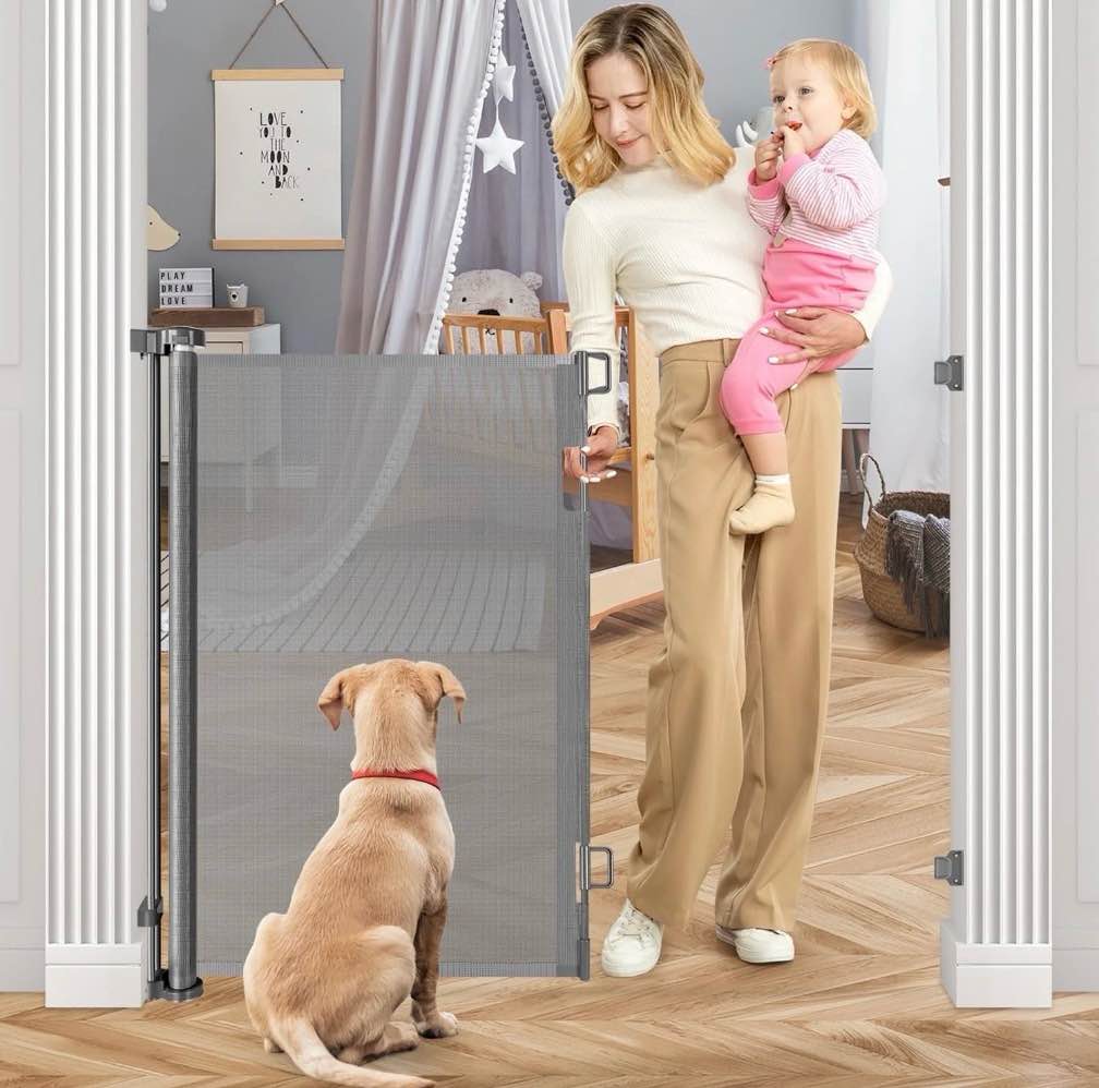 retractable baby gate, hdj 42in extra tall baby safety gate, 71" wide baby gate dog gate for stair, doorway,metal auto-lock,gray