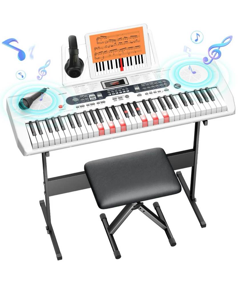 furnibear 61-key piano keyboard with lighted keys  stand  bench  microphone  headphone  electronic keyboard piano set  white
