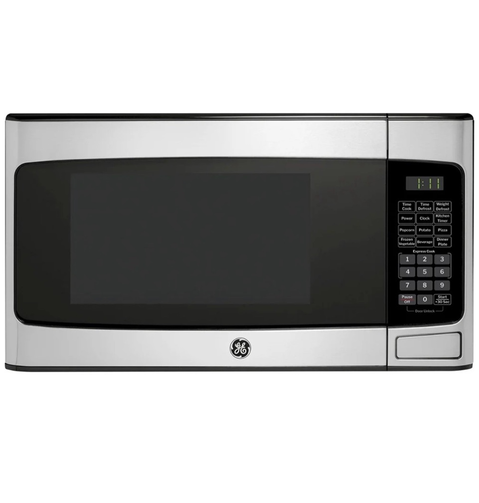 ge gcst11n1wss 1.1 cu. ft. countertop microwave oven 950 watts stainless steel bundle with 2 yr cps enhanced protection pack and deco chef pair of red heat resistant oven mitt