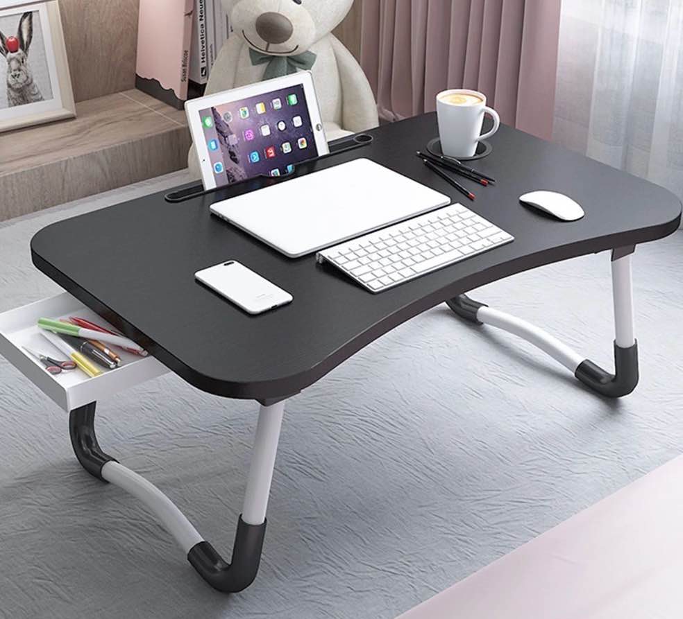phancir foldable lap desk  23.6 inch portable wood laptop desk table workspace organizer bed tray with ipad slots  cup holder and drawer  anti-slip for working reading writing  eating  watching-black