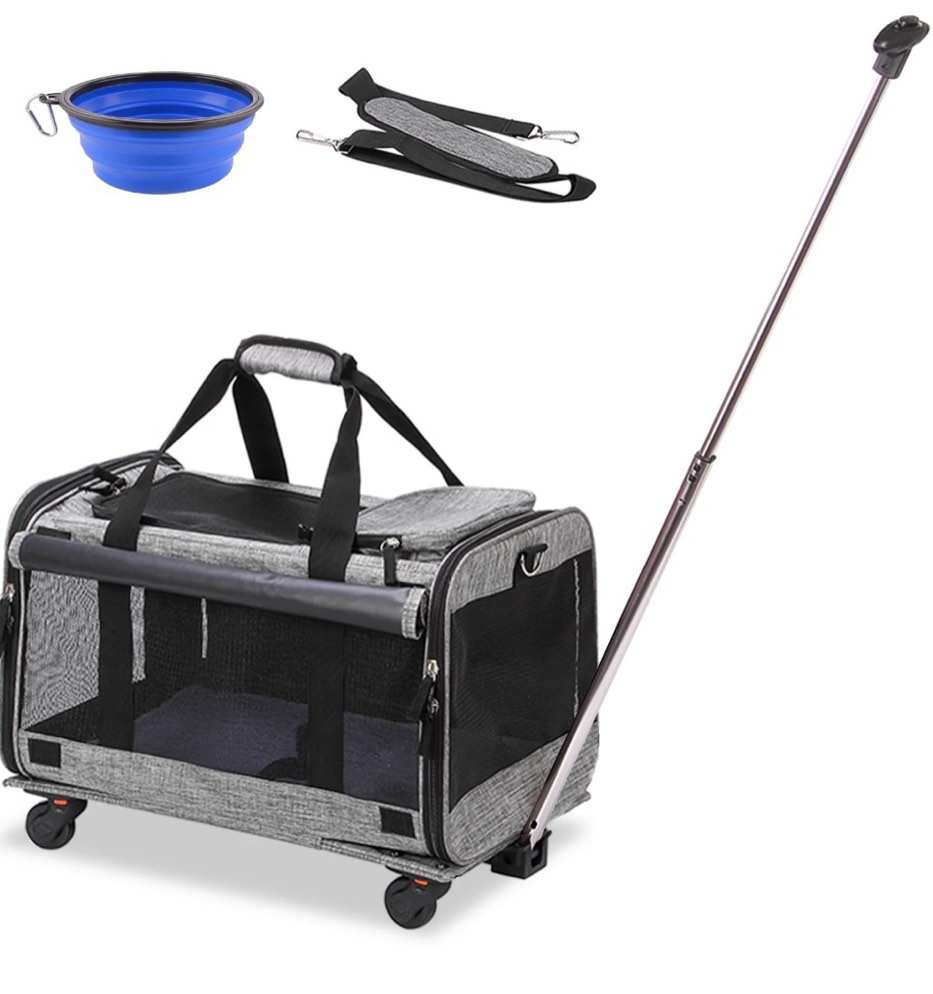 mexmiody pet carrier with wheels airline approved dog cat carrier for medium small dogs pet travel rolling carrier telescopic handle grey