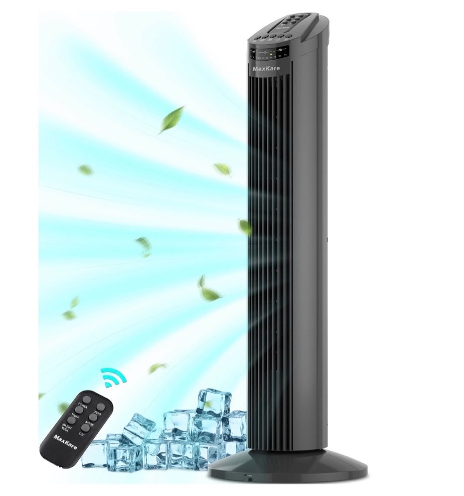 maxkare 30  tower fan 70° oscillating cooling fan with remote control 3 speeds 3 wind modes  7.5h timer  gray  brand new