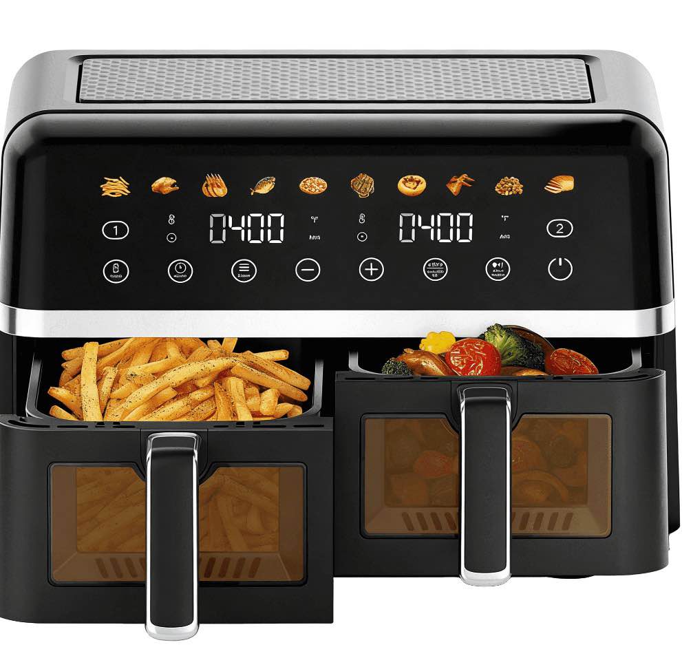 whall digital air fryer oven - 2 independent 5 qt baskets, view window, 1800w