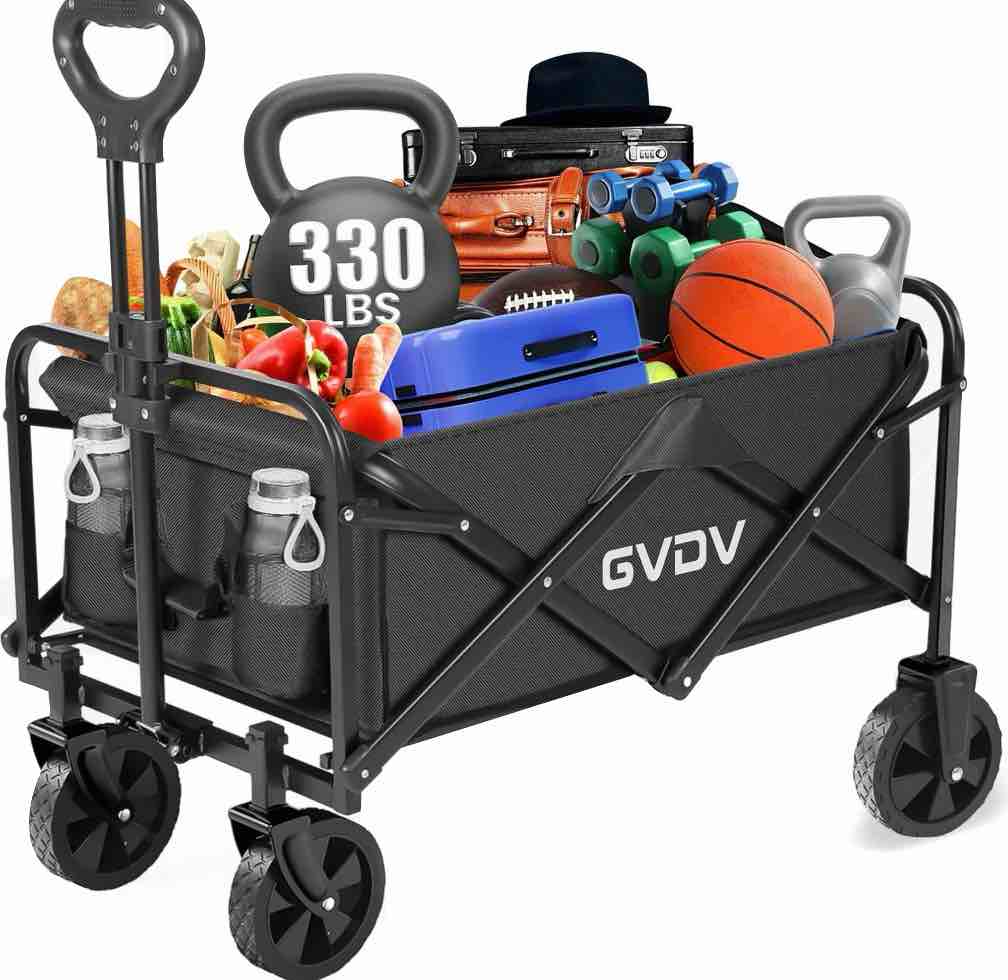 GVDV Collapsible Wagon Cart, Portable Utility Wagon for Camping, Beach, Picnic, Shopping, Sports, and Grocery Transport, Black