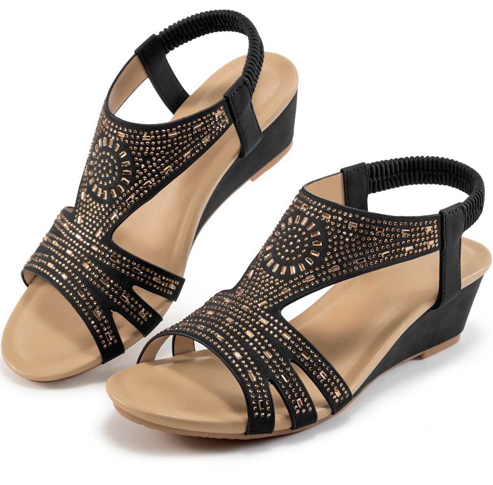 Ecetana Womens Wedge Sandals Open Toe Wedges Elastic Ankle Strap Platform Sandals Shoes Size 8