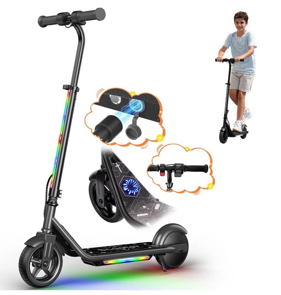 r2 pro 150w electric scooter for kid age 5-12, 3 speed gears max 10mph, magnetic charging, adjustable height, 3 color pedal lights, black