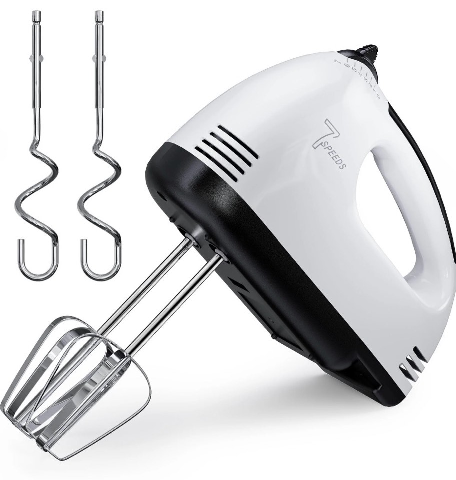 tinana 7 speed hand mixer electric handheld with stainless steel beaters & dough hooks, cookie mixer with turbo boost, food beater for kitchen baking cakes, eggs, cream, white