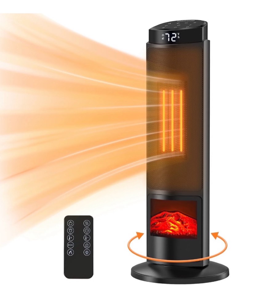 edx 1500w space heater for indoor use, 23" electric heater with 7 light colors, 70° oscillation, adjustable thermostat & remote, tip-over protection, black