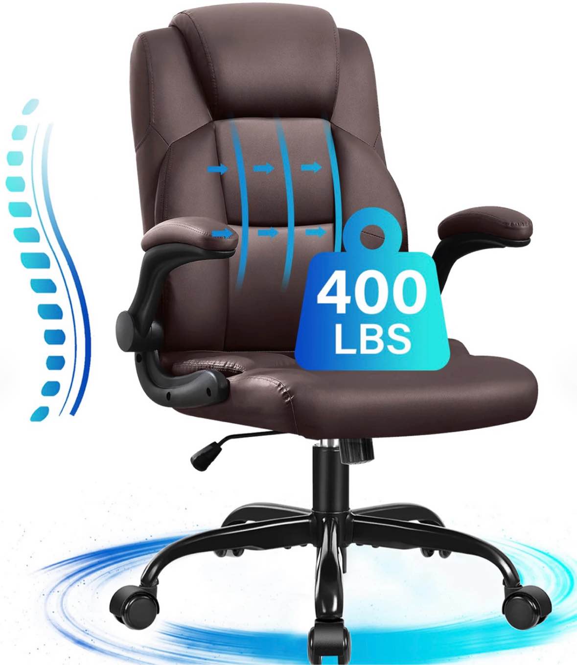 jonpony leather office chair, big and tall office chair 400lbs wide seat ergonomic computer desk chair high back executive leather chair adjustable task chair lumbar back with 1-year warranty, brown 