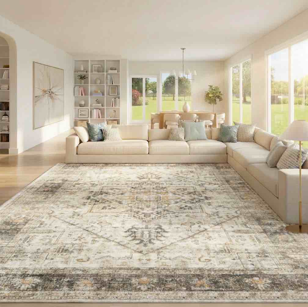 chitooma 9 x12  boho area rugs for living room  machine washable area rug with non-slip backing  stain resistant non-shed carpet for bedroom  dining room  dorm  office