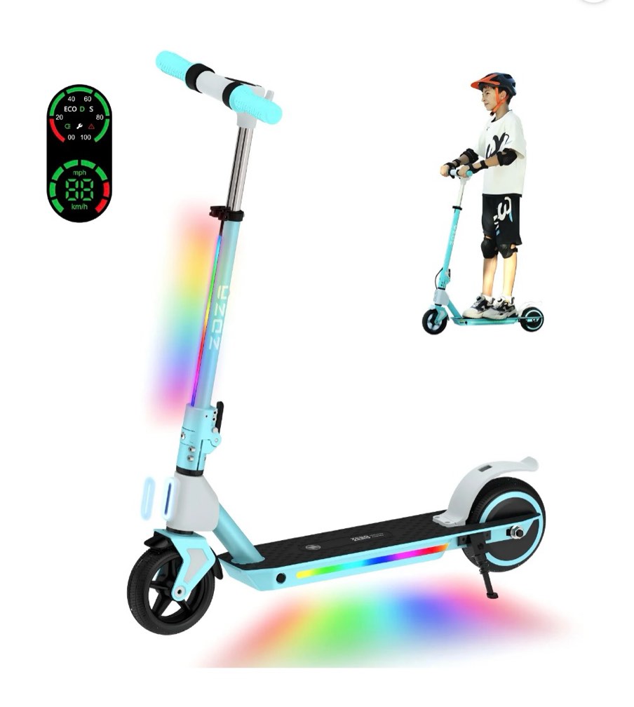 zdza electric scooter for kids ages 6-14, 10mph, 6mi range 130w escooter for kids with led light, adjustable handlebar for boys girls blue