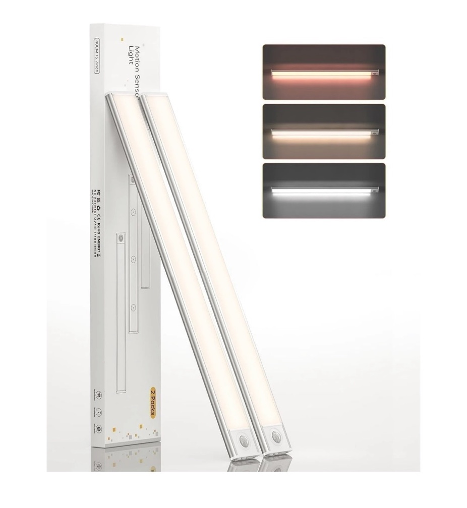 Condition photo showing New/Like New for Under Cabinet Lighting 16 inches, 108 LED Battery Operated Closet Light Indoor, 3 Color & Stepless Dimming Motion Sensor Lights, Magnetic Under Counter Lights for Kitchen, Pantry, Stairs - 2 pack