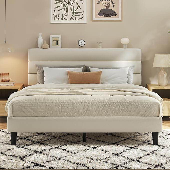 queen bed frame, platform bed frame with velvet upholstered headboard, no box spring needed, sturdy metal support, noise free, easy assembly, modern bedroom, beige