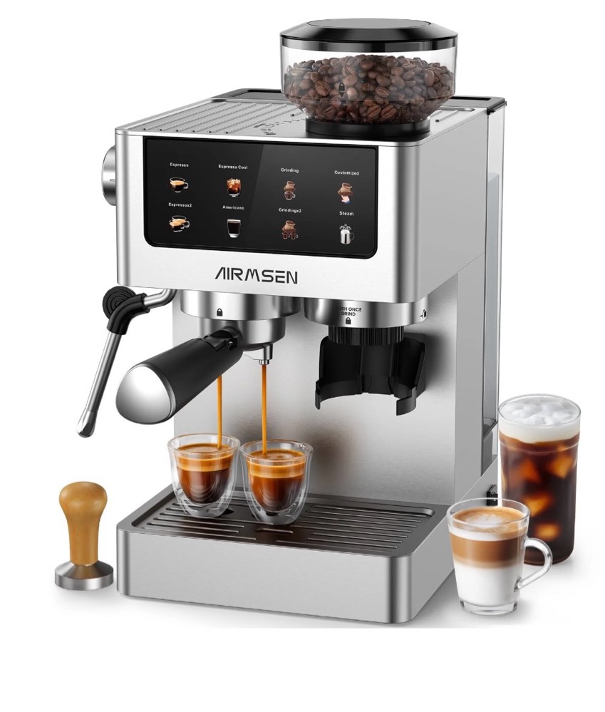 airmsen espresso machine with grinder, espresso coffee machine with customized grind amount & coffee volume, cold brew coffee maker for cappuccino latte americano, brushed stainless steel