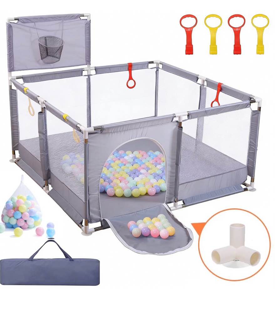 joystone 50 x 50 baby playpen with 30 ocean balls, soft mesh sides, basketball hoop & pull rings, indoor baby fence for toddlers, grey